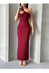 Krinkıl Tek Omuz Uzun Elbise Bordo S25455