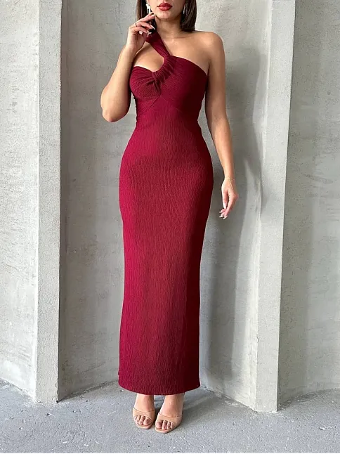 Krinkıl Tek Omuz Uzun Elbise Bordo S25455