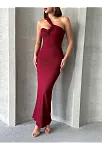 Krinkıl Tek Omuz Uzun Elbise Bordo S25455