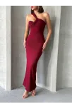 Krinkıl Tek Omuz Uzun Elbise Bordo S25455