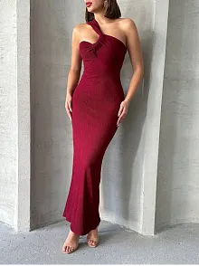 Krinkıl Tek Omuz Uzun Elbise Bordo S25455