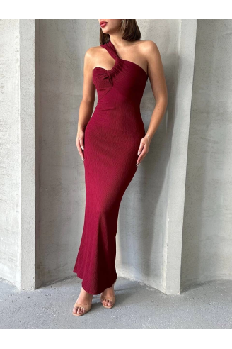 Krinkıl tek omuz uzun elbise bordo s25455