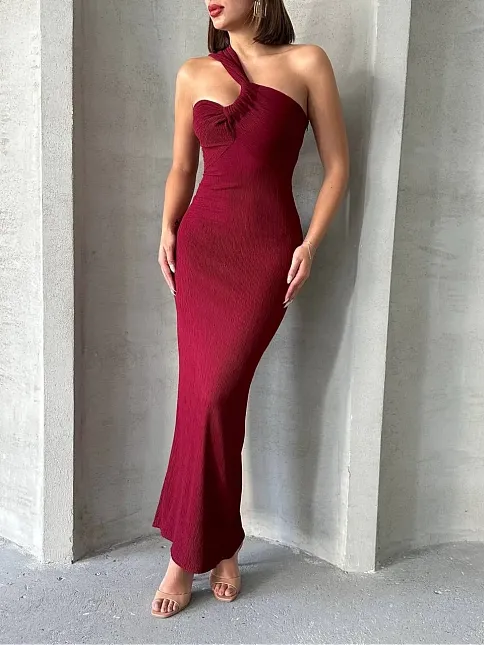 Krinkıl Tek Omuz Uzun Elbise Bordo S25455
