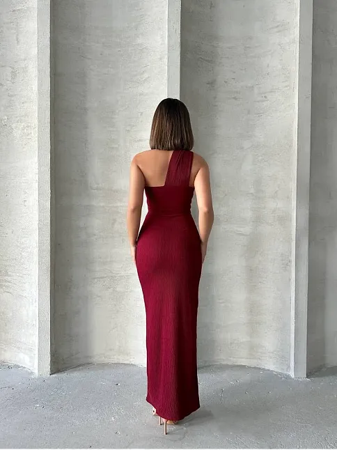 Krinkıl Tek Omuz Uzun Elbise Bordo S25455