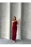 Krinkıl Tek Omuz Uzun Elbise Bordo S25455
