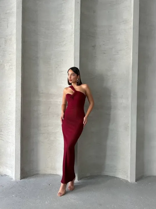 Krinkıl Tek Omuz Uzun Elbise Bordo S25455