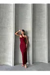 Krinkıl Tek Omuz Uzun Elbise Bordo S25455