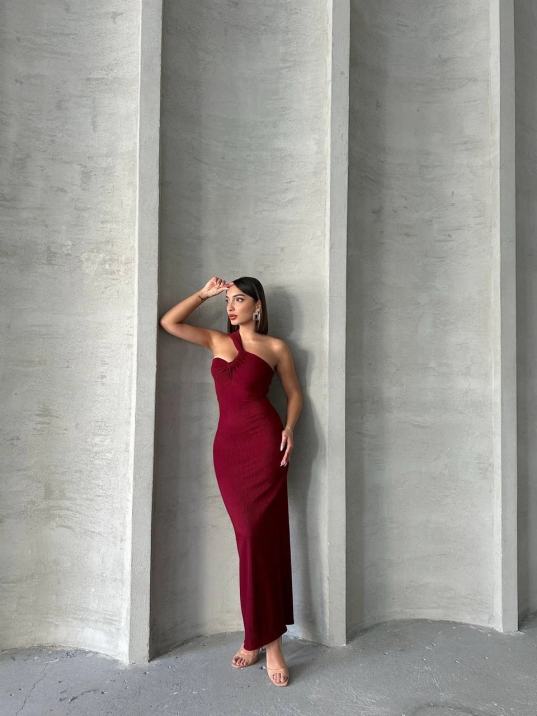 Krinkıl tek omuz uzun elbise bordo s25455