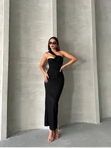 Krinkıl Tek Omuz Uzun Elbise Siyah S25455