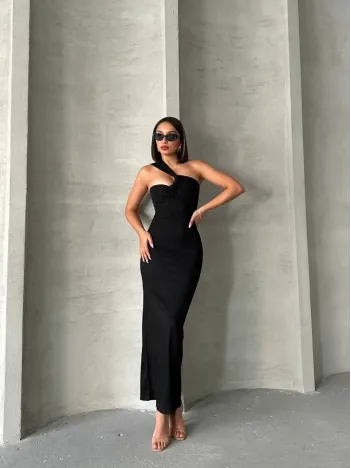 Krinkıl Tek Omuz Uzun Elbise Siyah S25455