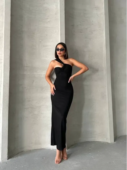 Krinkıl Tek Omuz Uzun Elbise Siyah S25455