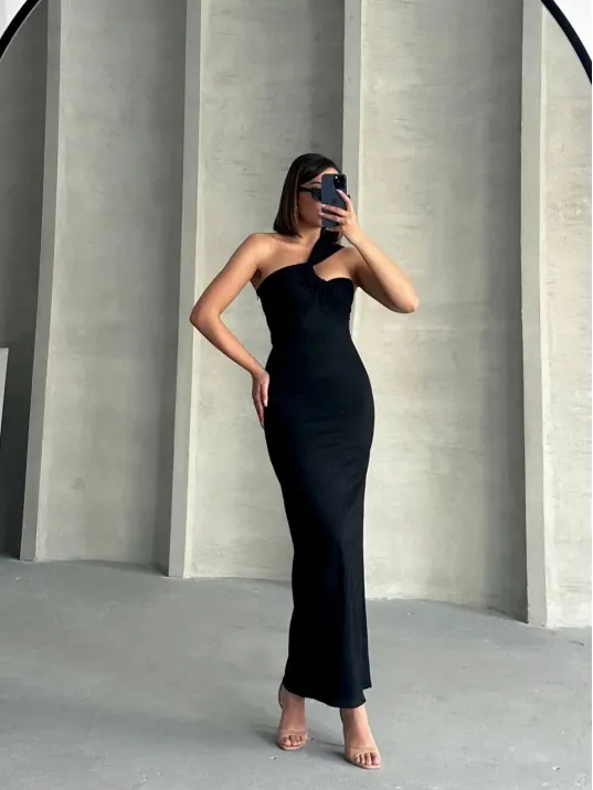 Krinkıl Tek Omuz Uzun Elbise Siyah S25455