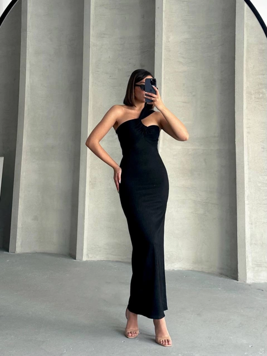 Krinkıl tek omuz uzun elbise siyah s25455