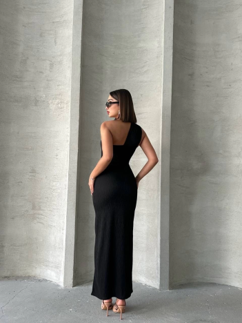 Krinkıl tek omuz uzun elbise siyah s25455 Krinkıl tek omuz uzun elbise siyah s25455