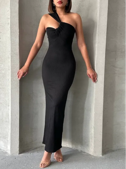 Krinkıl Tek Omuz Uzun Elbise Siyah S25455