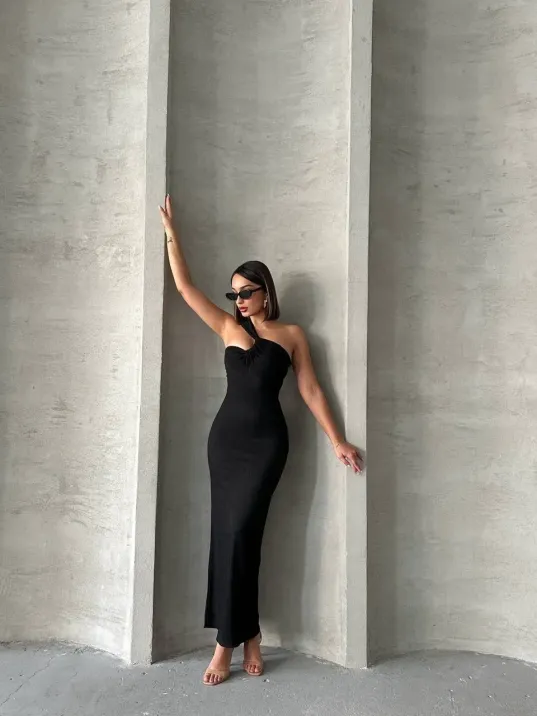 Krinkıl Tek Omuz Uzun Elbise Siyah S25455