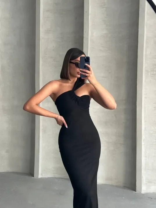 Krinkıl Tek Omuz Uzun Elbise Siyah S25455