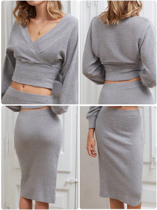 Kruvaze şardonlu etekli takım gri