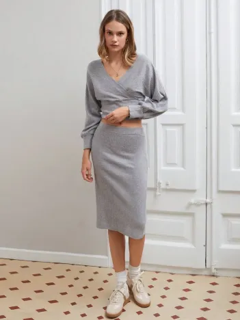 Kruvaze Şardonlu Etekli Takım Gri