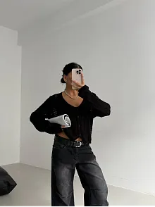 Küçük Düğmeli Küçük Örgülü Triko Hırka Siyah
