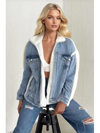 Kürklü Kot Ceket Mavi T7009