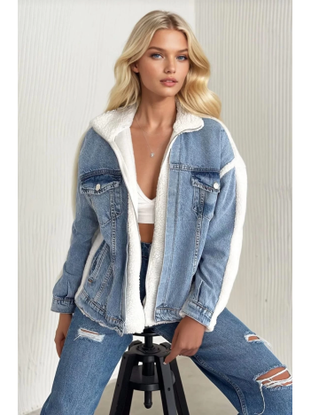 Kürklü kot ceket mavi t7009 Kürklü kot ceket mavi t7009