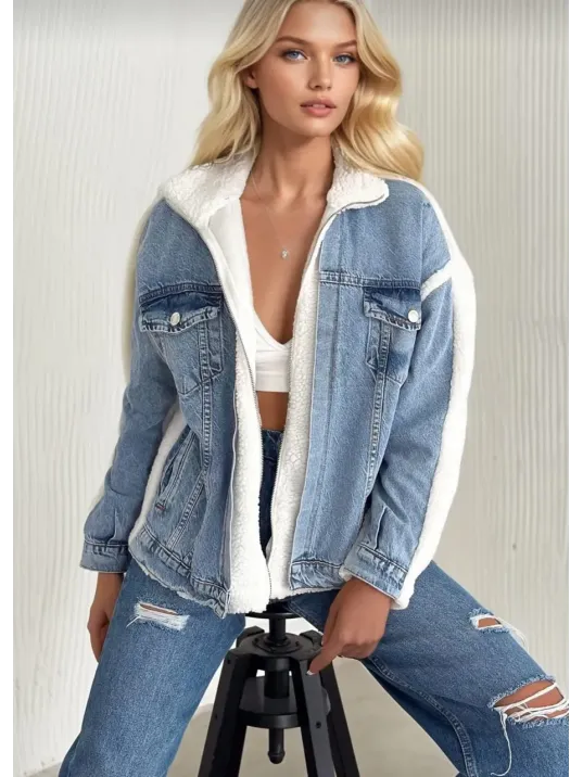 Kürklü Kot Ceket Mavi T7009 Kürklü Kot Ceket Mavi T7009