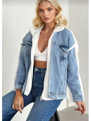 Kürklü Kot Ceket Mavi T7009