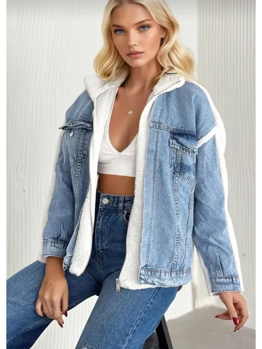 Kürklü Kot Ceket Mavi T7009 Kürklü Kot Ceket Mavi T7009