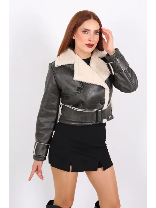 Kürklü Suni Deri Kemerli Haki Kadın Kısa Mont T1256