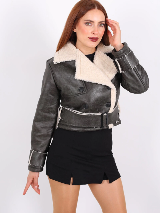 Kürklü Suni Deri Kemerli Haki Kadın Kısa Mont T1256 Kürklü Suni Deri Kemerli Haki Kadın Kısa Mont T1256