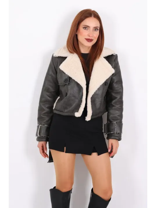 Kürklü Suni Deri Kemerli Haki Kadın Kısa Mont T1256
