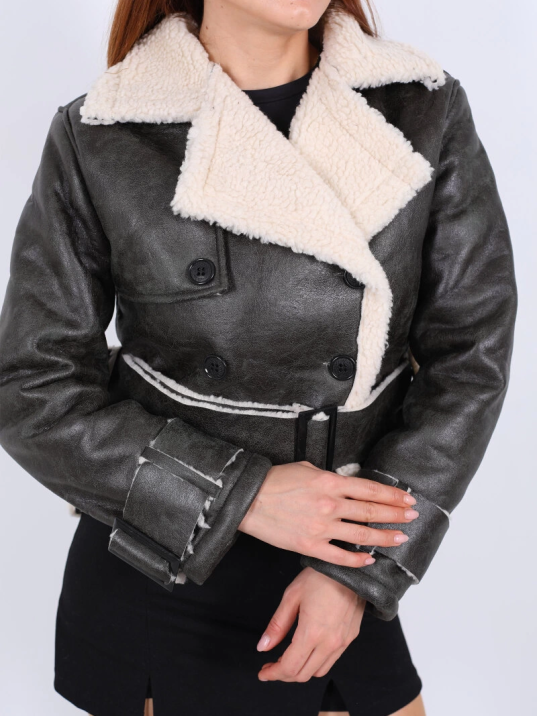 Kürklü Suni Deri Kemerli Haki Kadın Kısa Mont T1256 Kürklü Suni Deri Kemerli Haki Kadın Kısa Mont T1256