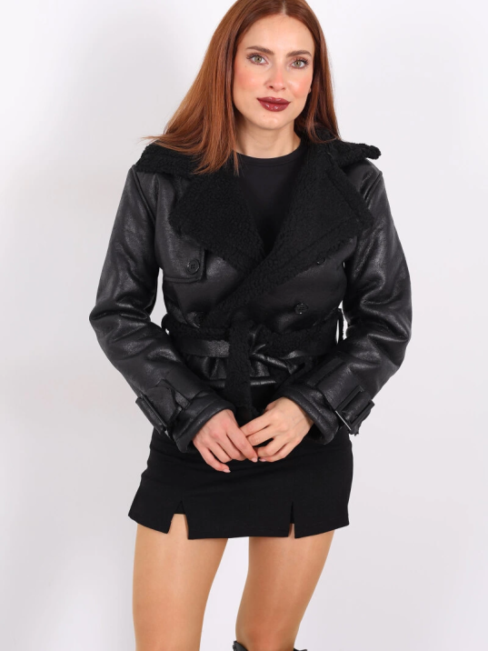 Kürklü Suni Deri Kemerli siyah Kadın Kısa Mont T1256 Kürklü Suni Deri Kemerli siyah Kadın Kısa Mont T1256