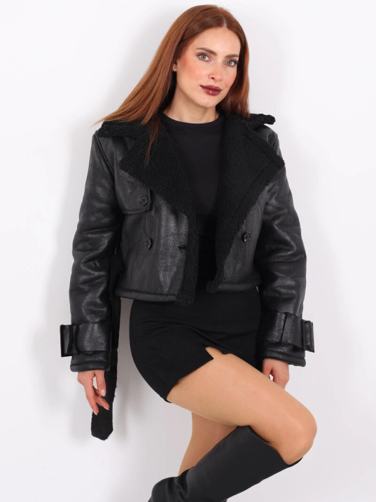 Kürklü Suni Deri Kemerli siyah Kadın Kısa Mont T1256 Kürklü Suni Deri Kemerli siyah Kadın Kısa Mont T1256