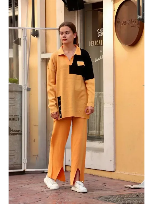 Kuş Gözü Triko Takım Hardal