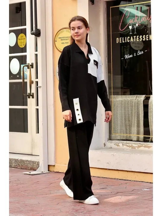 Kuş Gözü Triko Takım Siyah