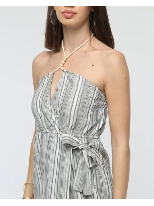 Kuşaklı Çizgili Mini Keten Elbise