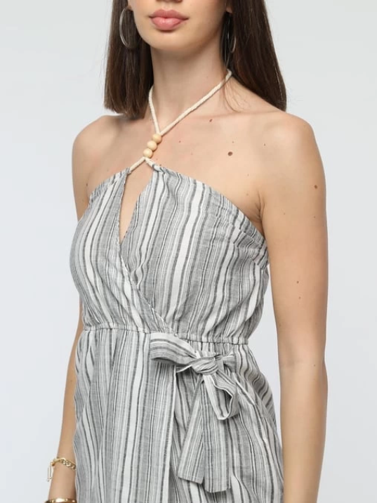 Kuşaklı çizgili mini keten elbise Kuşaklı çizgili mini keten elbise