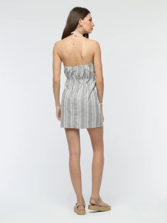 Kuşaklı çizgili mini keten elbise Kuşaklı çizgili mini keten elbise