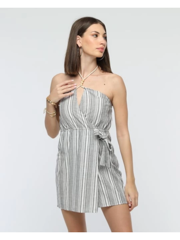 Kuşaklı çizgili mini keten elbise Kuşaklı çizgili mini keten elbise