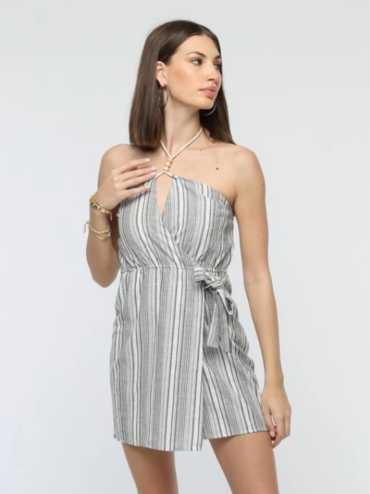 Kuşaklı çizgili mini keten elbise Kuşaklı çizgili mini keten elbise