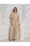 Kuşaklı Gömlek Yaka Salaş Tulum Bej S255822