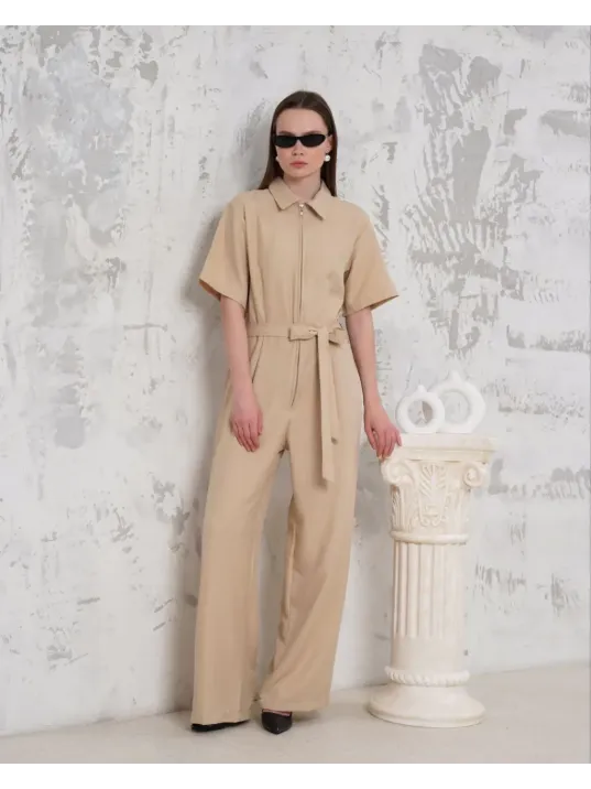 Kuşaklı Gömlek Yaka Salaş Tulum Bej S255822