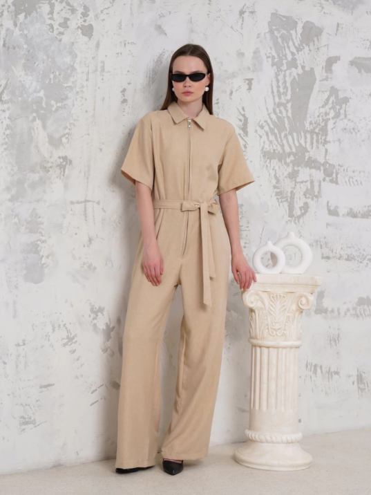 Kuşaklı gömlek yaka salaş tulum bej s255822 Kuşaklı gömlek yaka salaş tulum bej s255822