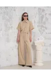 Kuşaklı Gömlek Yaka Salaş Tulum Bej S255822