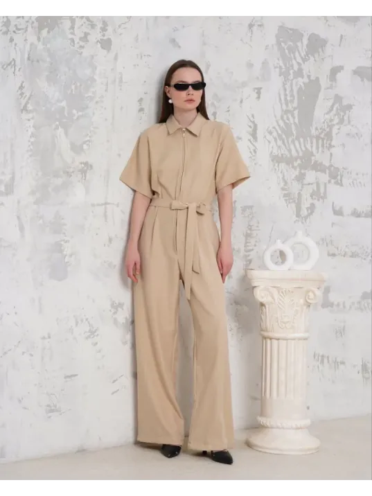 Kuşaklı Gömlek Yaka Salaş Tulum Bej S255822