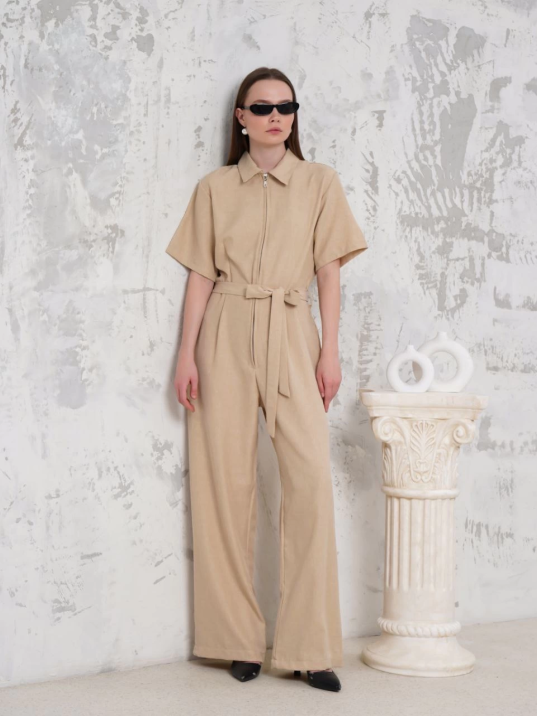 Kuşaklı gömlek yaka salaş tulum bej s255822 Kuşaklı gömlek yaka salaş tulum bej s255822