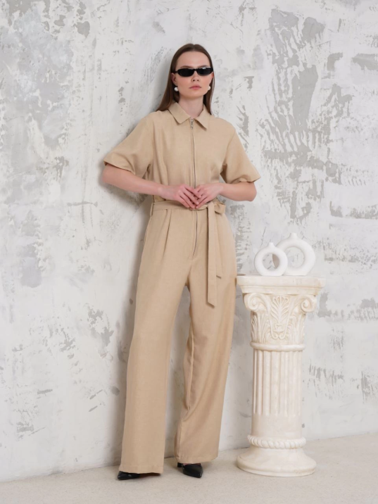 Kuşaklı gömlek yaka salaş tulum bej s255822 Kuşaklı gömlek yaka salaş tulum bej s255822