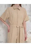 Kuşaklı Gömlek Yaka Salaş Tulum Bej S255822